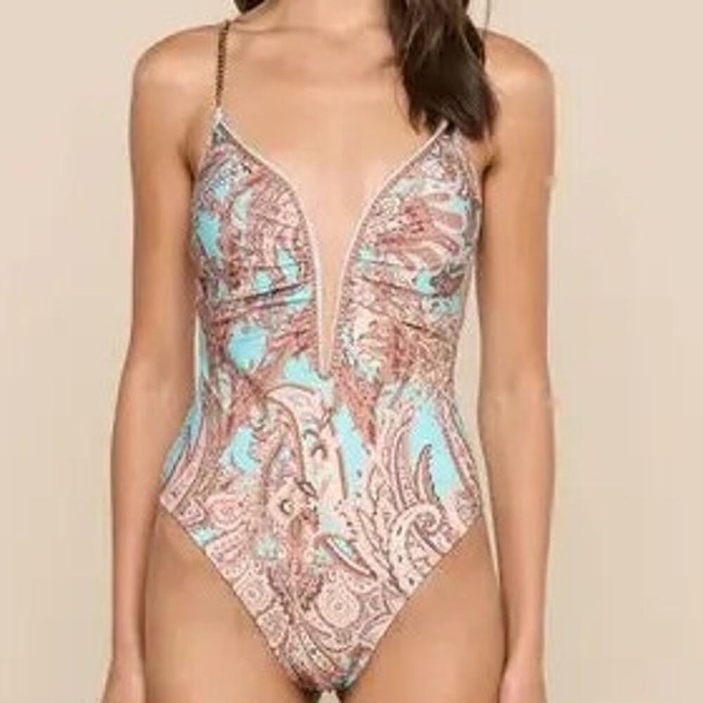 L'Agence Lilou One Piece Swimsuit Brown Ice Blue Paisley Print Chain Straps S